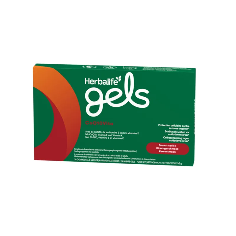 Herbalife Gels CoQ10Vita is een heerlijk kauwsupplement verrijkt met CoQ10, vitamine K en vitamine E. Het ondersteunt de bescherming van cellen tegen oxidatieve stress, normale bloedstolling en het behoud van normale botten.